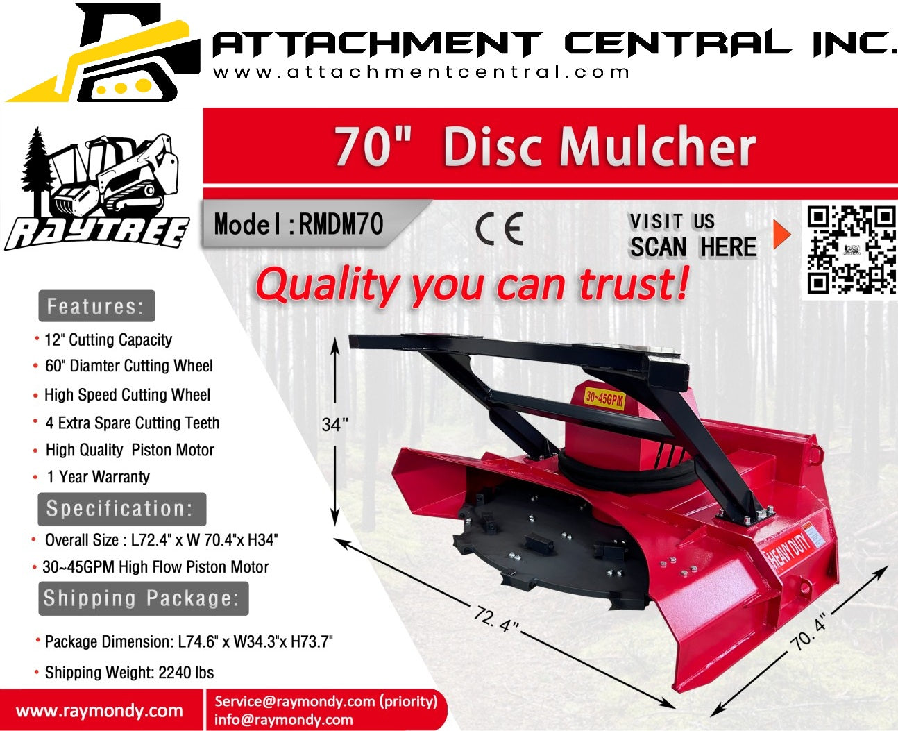 Raytree 70" Disc Mulcher Skid Steer Attachment RMDM70