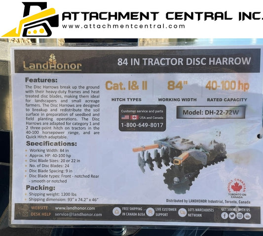 Landhonor 84" Disc Harrow Tractor Attachment 3pth