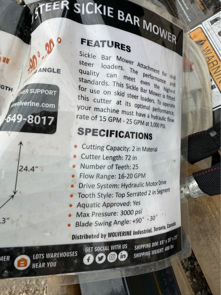 Wolverine Sickle Bar Mower 72" Skid Steer Attachment SBM-12-72W
