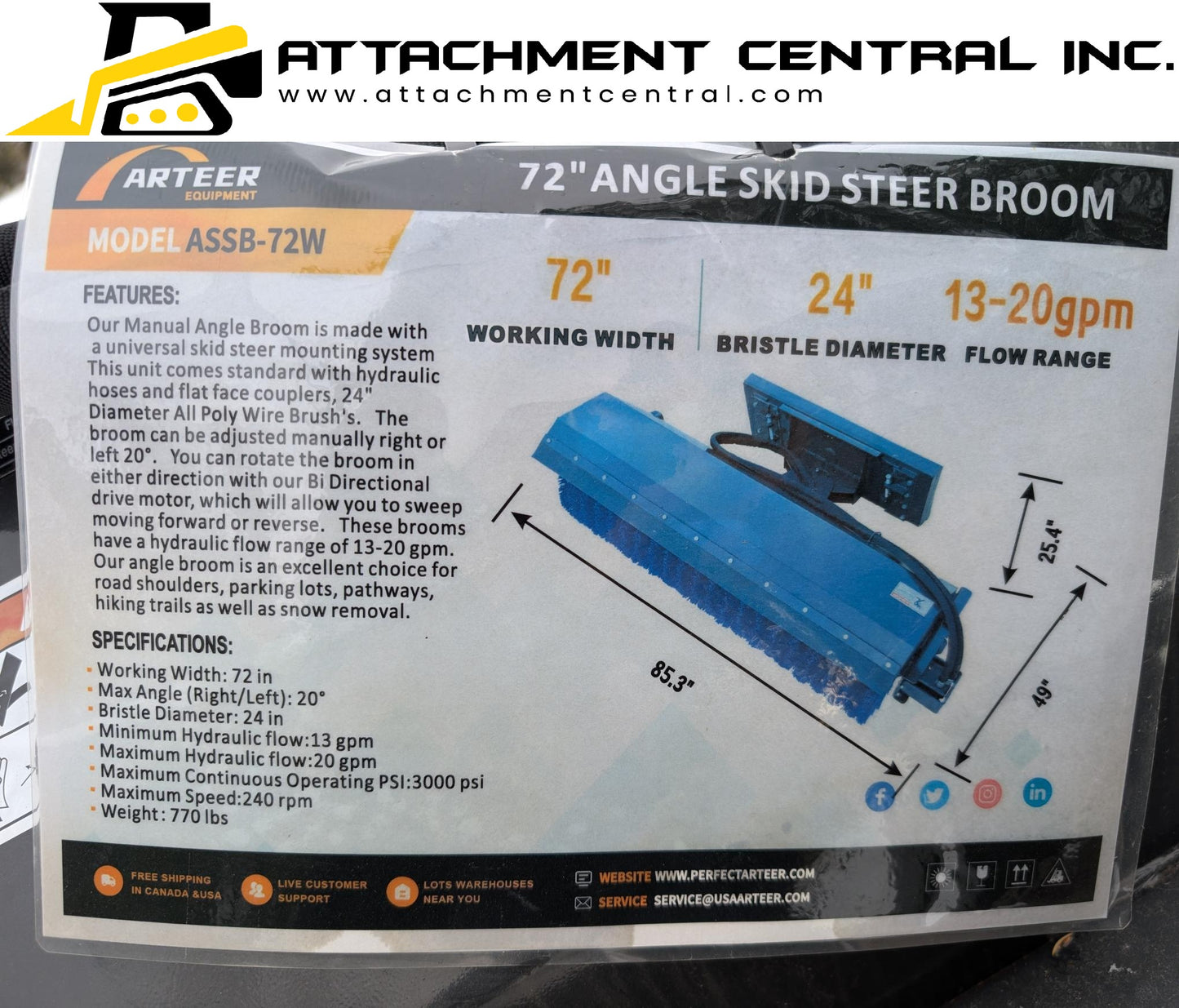 72" Angle Broom Skid Steer Attachment