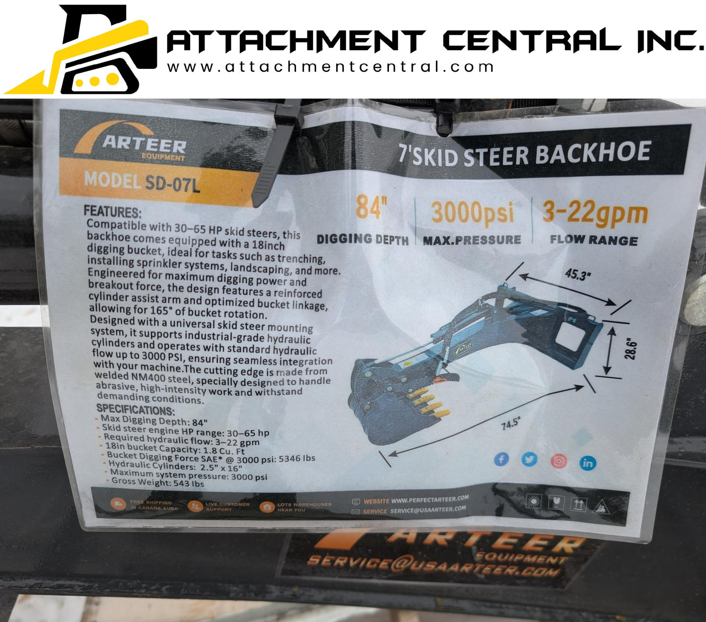 7' Backhoe  Skid Steer Attachment - Excavator 