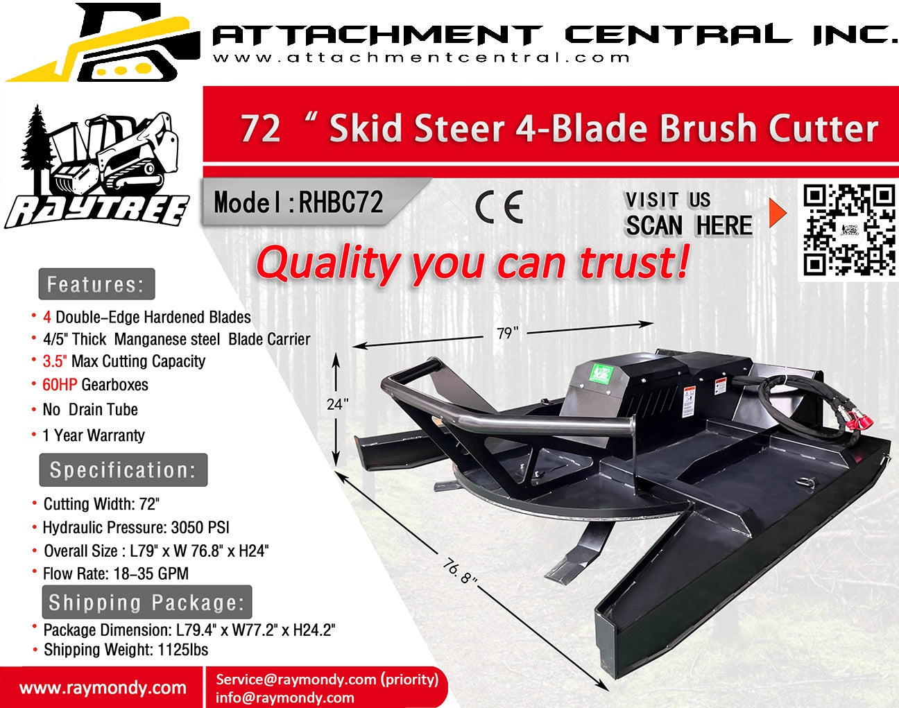 Raytree 4 Blade  72" Brush Cutter Skid Steer Attachment 