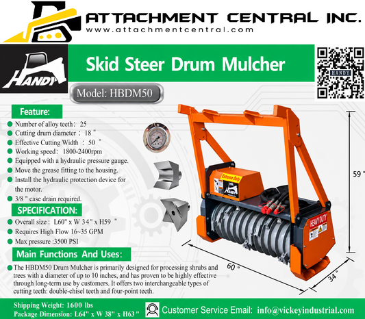 Handy 50" Drum Mulcher Skid Steer Attachment HBDM50