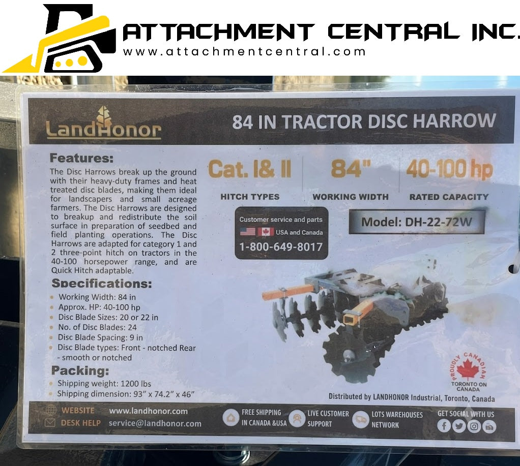 Landhonor 84" Disc Harrow Tractor Attachment 3pth