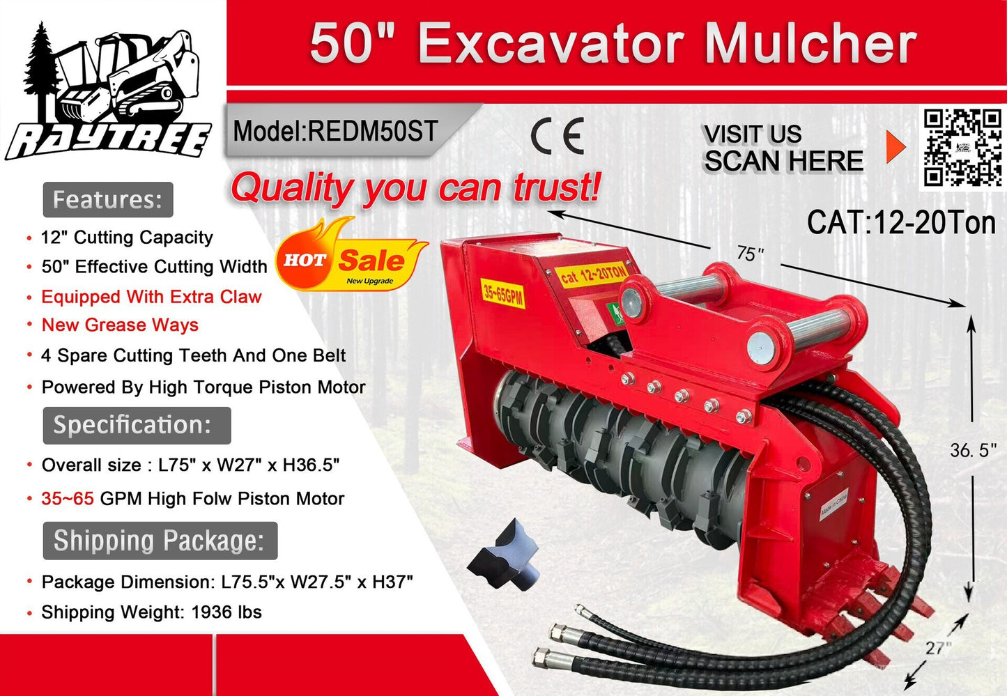 Raytree 50" Excavator Mulcher Attachment REDM50ST