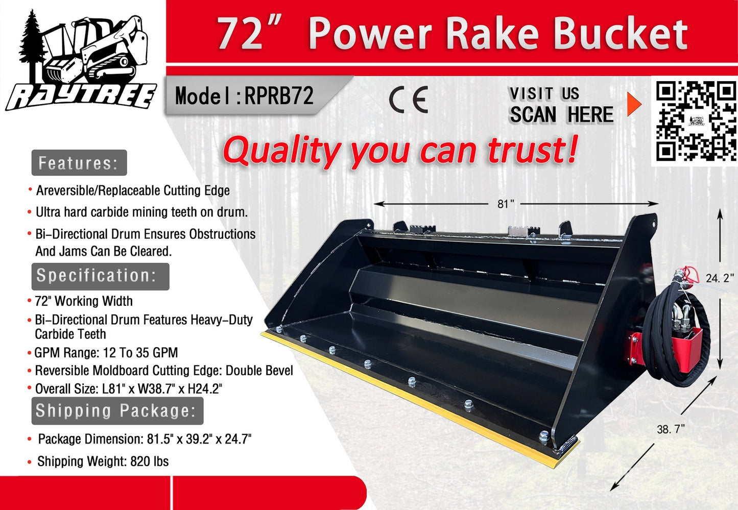Raytree Power Rake Bucket - Power Rake Skid Steer Attachment
