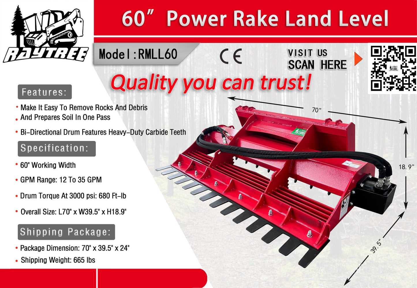 Raytree 60" Power Rake Landplane Skid Steer Attachment
