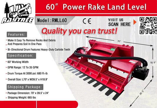 Raytree 60" Power Rake Landplane Skid Steer Attachment