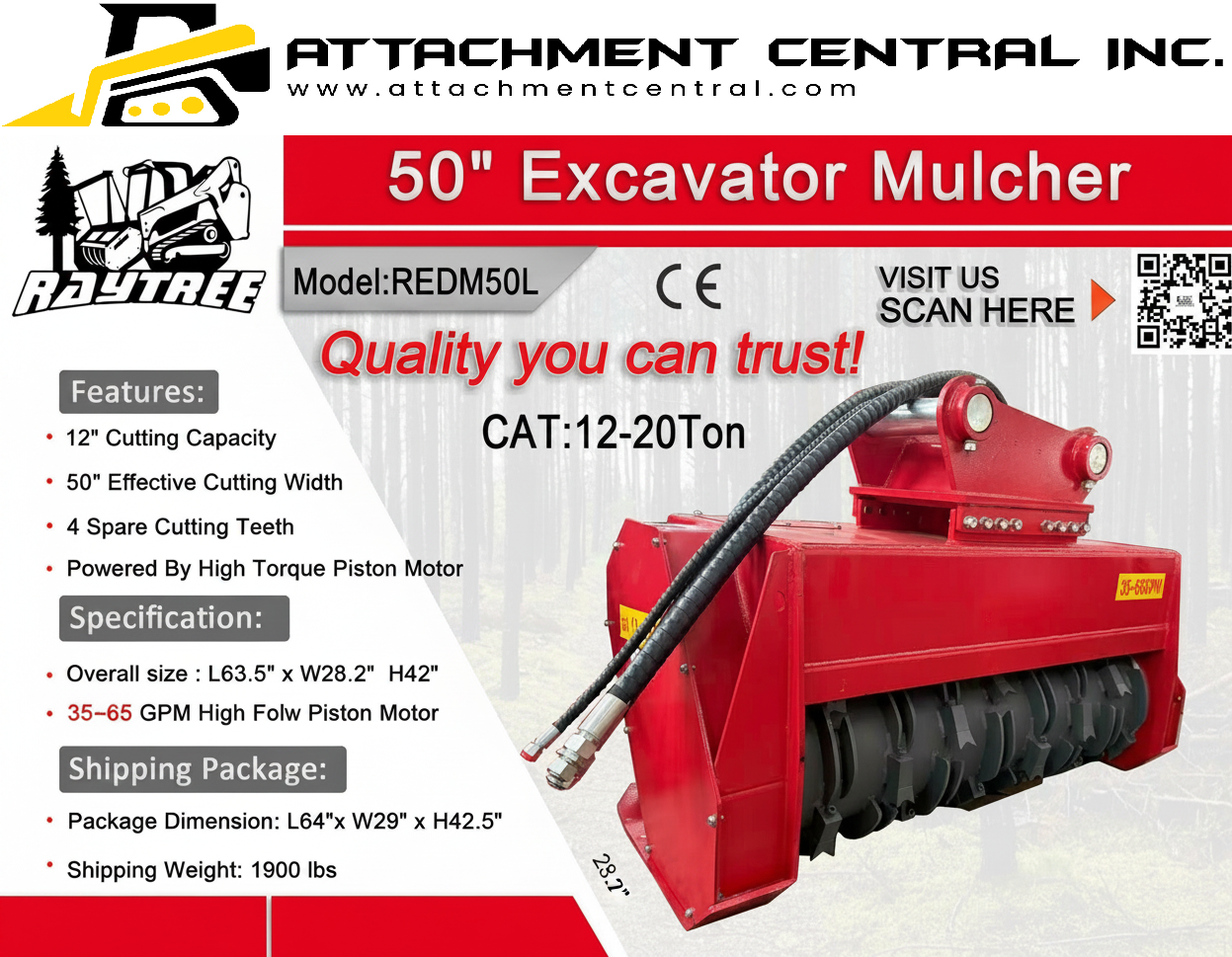 Raytree REDM50L 50" Excavator Mulcher Attachment