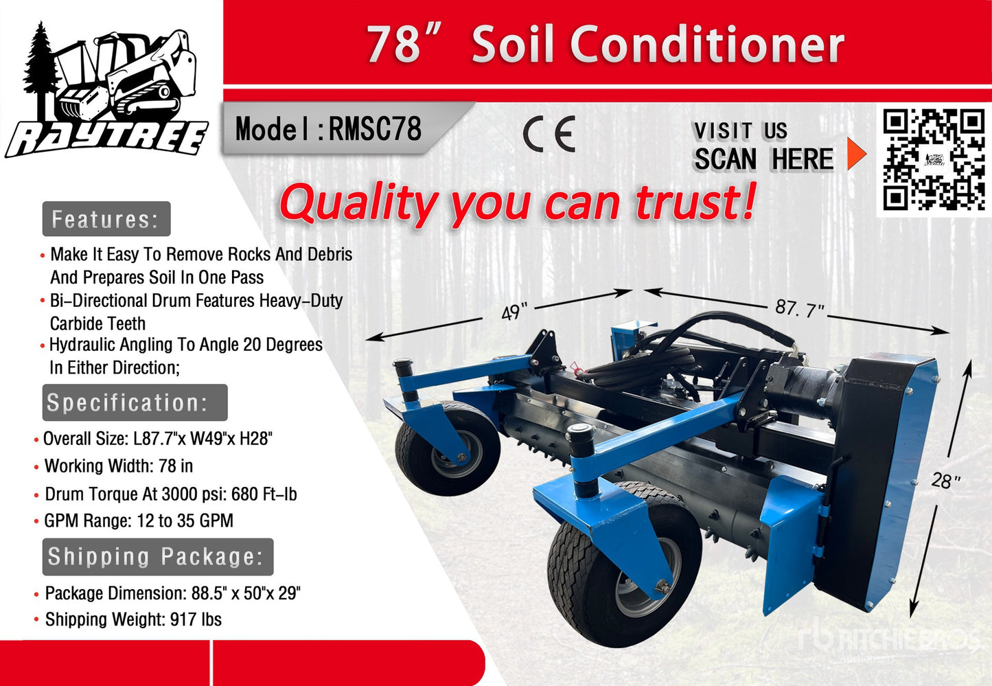 Raytree 78" Power Rake Soil Conditioner Skid Steer Attachment