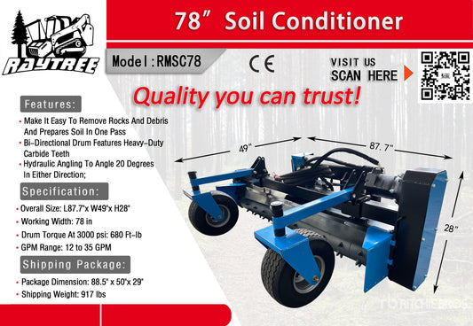 Raytree 78" Power Rake Soil Conditioner Skid Steer Attachment