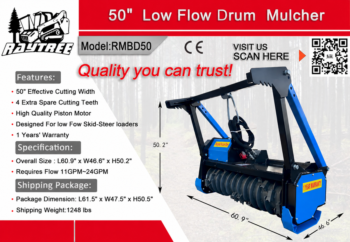 Raytree RMBD50 Drum Mulcher Skid Steer Attachment