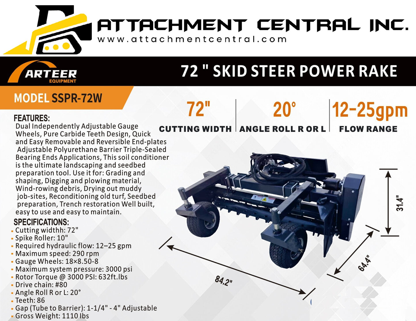 Arteer 72" Power Rake Soil Conditioner Harley Rake Skid Steer