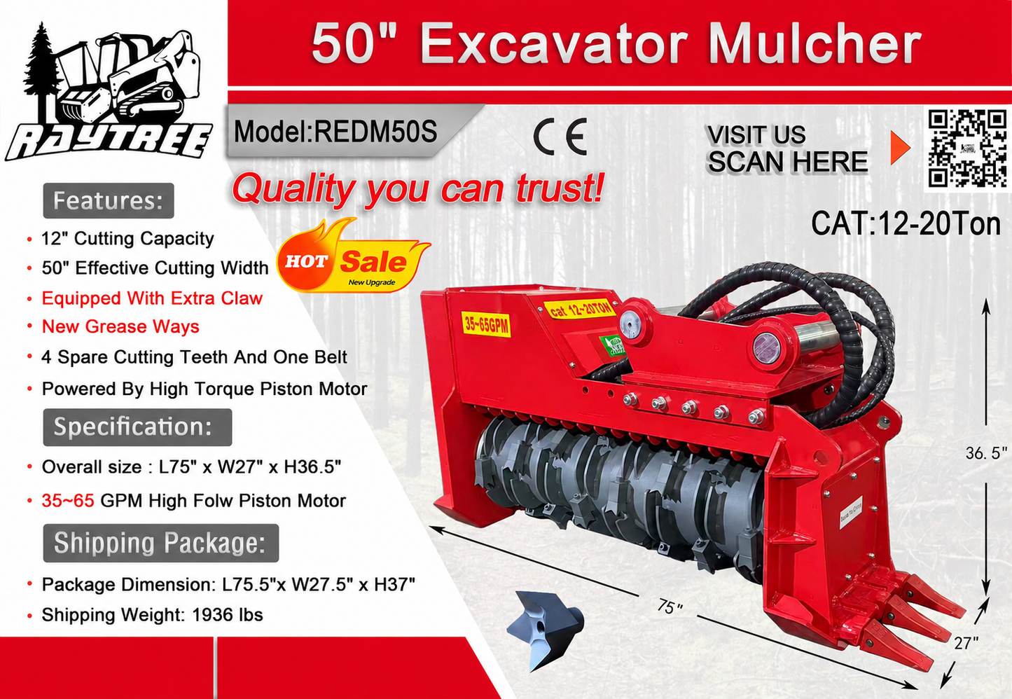 Raytree REDM50S 50" Excavator Mulcher Attachment